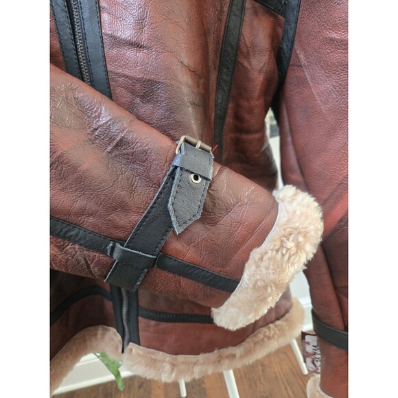 Women Sz XL Bomber Brown Aviator Flying Shearling Fur Real Leather Jacket Coat - Picture 7 of 16